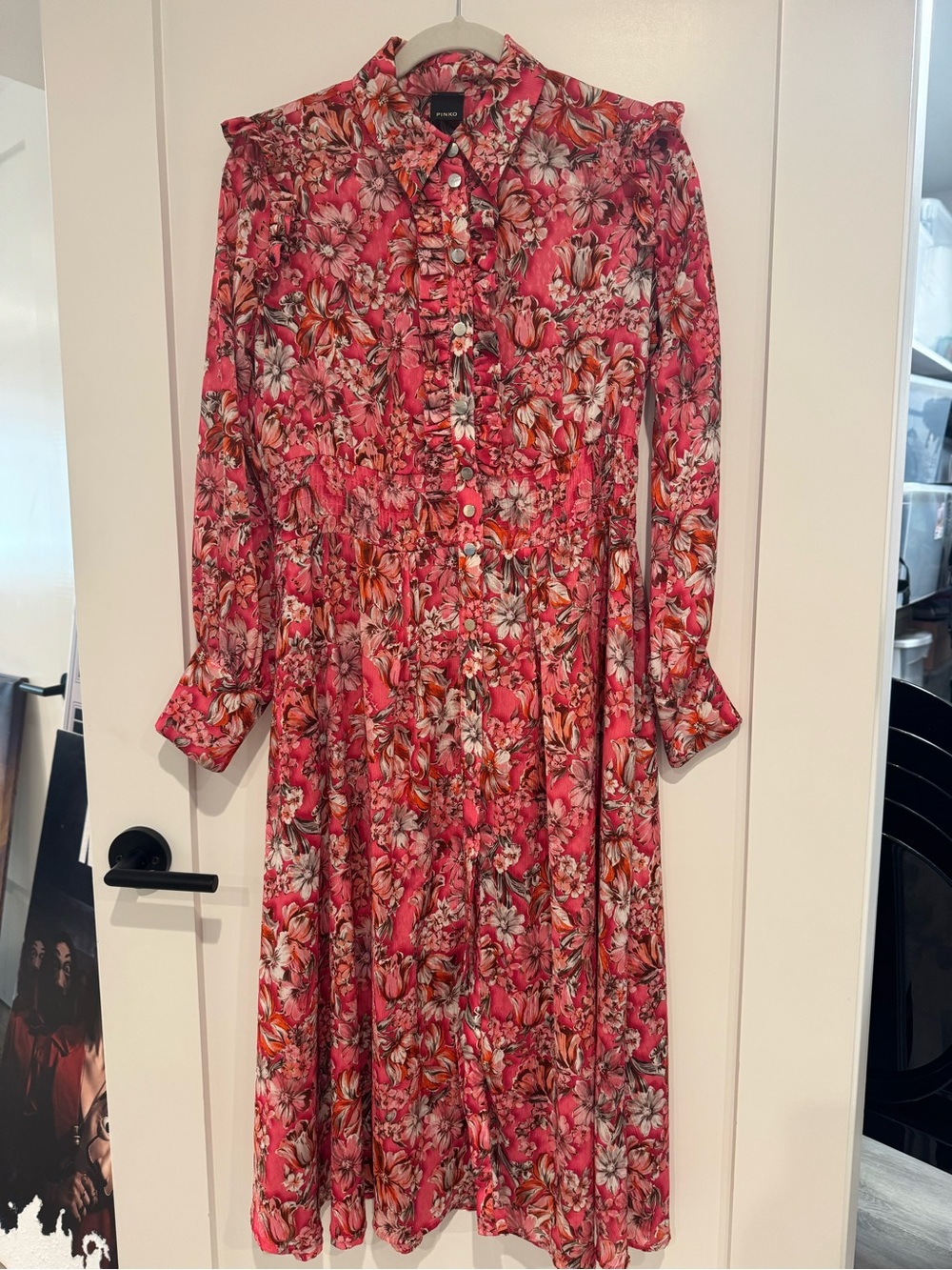 Pinko Pink Floral Ruffle-Trim Long Sleeve Midi Dress